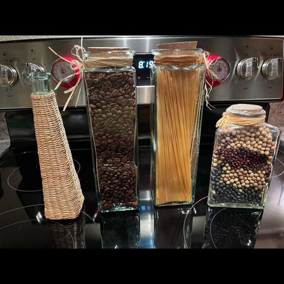 Coffee Pasta Beans thick glass canisters olive oil vintage farmhouse rustic rare - Picture 6 of 8